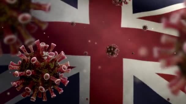 Birleşik Krallık Bayrağında Dalgalanan Grip Koronavirüsü Solunum Yollarına Saldıran Patojen — Stok video