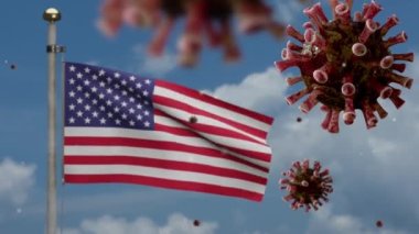 Coronavirus salgınıyla dalgalanan Amerikan bayrağı solunum sistemini tehlikeli grip olarak etkiliyor. Covid 19 tipi grip virüsü. Arka planda ulusal Amerikan bayrağı var. Salgın riski kavramı - Dan