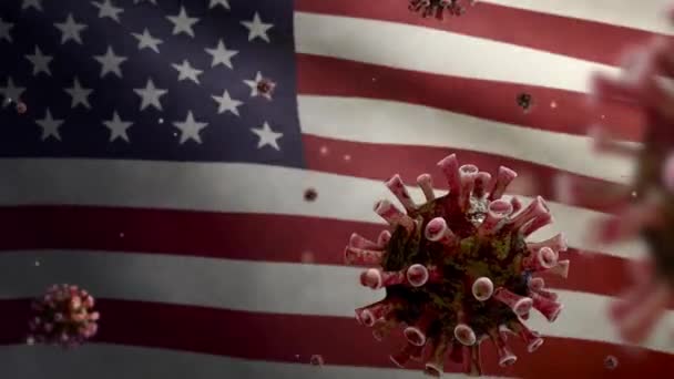 Flu Coronavirus Mengapung Atas Bendera Amerika Patogen Yang Menyerang Saluran — Stok Video