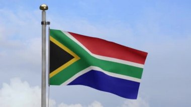 Mavi gökyüzünde dalgalanan Afrika RSA bayrağı. Güney Afrika afişini kapat, yumuşak ipek. Kumaş kumaş dokusu, Asteğmen. Bunu ulusal gün ve ülke etkinlikleri için kullan.