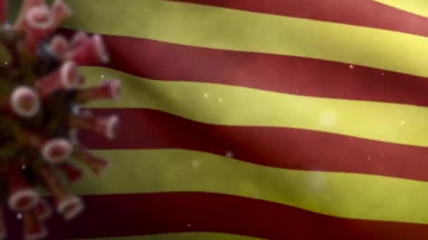 Bendera Catalunya Mengibarkan Dengan Virus Coronavirus Yang Menginfeksi Sistem Pernapasan — Stok Video