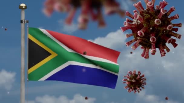 Flu Coronavirus Плаває Над Африканським Прапором Rsa Патогеном Який Нападає — стокове відео
