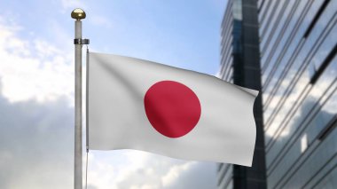 Modern şehirde rüzgarda dalgalanan Japon bayrağı. Japonya afişini yakın çekin, yumuşak ve pürüzsüz ipek. Kumaş kumaş dokusu, Asteğmen. Ulusal gün ve ülke etkinlikleri konsepti için kullan..