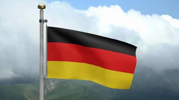 Bandeira Alemã Acenando Vento Montanha Close Bandeira Alemanha Soprando Seda — Fotografia de Stock