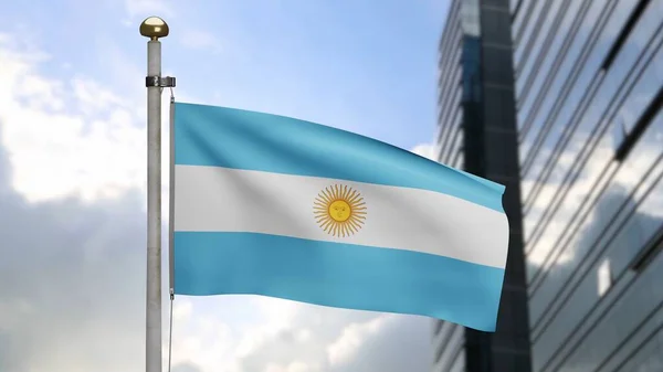 Argentinian Flag Waving Wind Modern City Closeup Argentine Banner Blowing — Stock Photo, Image