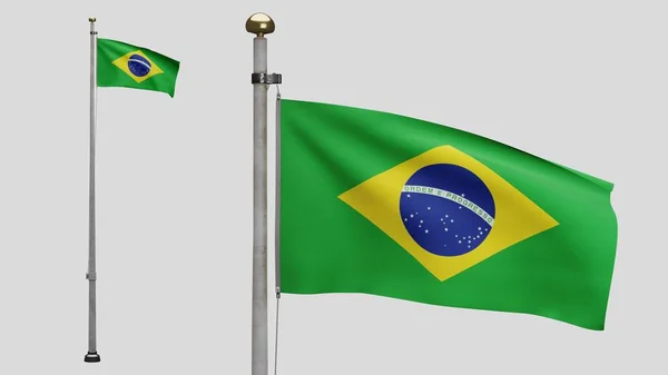 ブラジルの国旗が風になびく ブラジルのバナーを吹いて 柔らかく滑らかなシルクを閉じます 布生地の質感が背景を刻印 ナショナルデーや国の機会の概念のためにそれを使用する — ストック写真