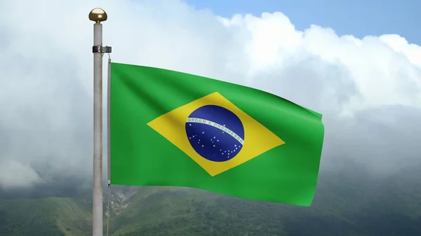 巴西国旗在山上迎风飘扬 靠近巴西的横幅飘扬 柔滑柔滑的丝绸 布料质地为背景图案 将其用于国庆日和国庆日概念 — 图库照片