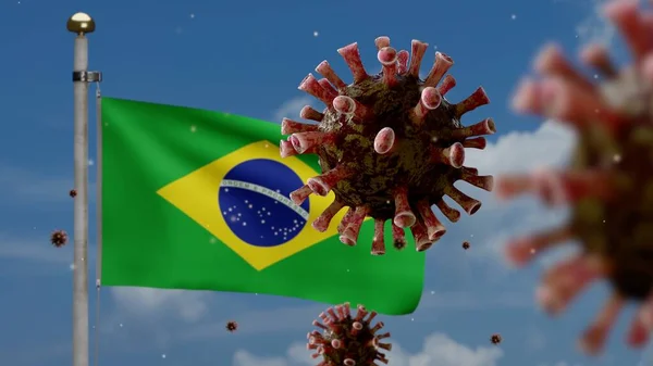 在巴西国旗上漂浮的流感病毒是一种侵袭呼吸道的病原体 巴西横幅招摇过市的Covid19病毒感染概念 紧贴织物纹理标志 — 图库照片