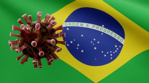 ブラジルの旗手とコロナウイルス2019のコンセプト ブラジルでの世界的な流行 コロナウイルスは パンデミックとして危険なインフルエンザ菌株の場合としてインフルエンザを使用します 顕微鏡ウイルス Covid19閉じる — ストック写真