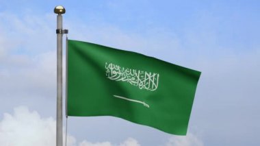 Suudi Arabistan Krallığı bayrağı mavi gökyüzü ile rüzgarda dalgalanıyor. KSA afişi, yumuşak ve pürüzsüz ipek. Kumaş kumaş dokusu, Asteğmen. Bunu ulusal gün ve ülke etkinlikleri için kullan.