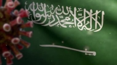 Suudi Arabistan Krallığı bayrağı Coronavirus salgını ile sallanıyor ve solunum sistemini tehlikeli bir grip gibi etkiliyor. Covid19 tipi grip virüsü. Ulusal KSA pankartı arka planda. Pandemik konsept - Dan