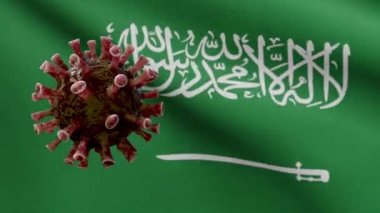 Suudi Arabistan bayrağı dalgalanması ve Coronavirus 2019 nCov konsepti. KSA 'daki Asya salgını, koronavirüs gribi salgını ve grip salgını. Mikroskop virüsü Covid19 'u kapatın.