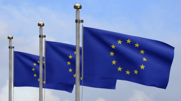 European Union Flag Waving Wind Blue Sky Europe Banner Blowing — Stock Video