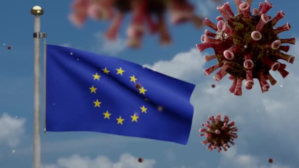 Influensa Coronavirus Som Svävar Över Europeiska Unionens Flagga Patogen Som — Stockvideo