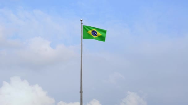 Braziliaanse Vlag Wapperend Wind Met Blauwe Lucht Close Van Brazilië — Stockvideo