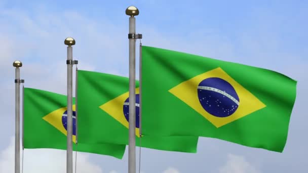 Bandera Brasileña Ondeando Viento Con Cielo Azul Primer Plano Brasil — Vídeos de Stock