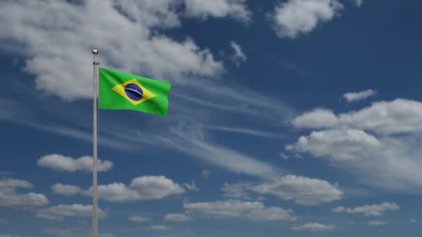 Бразильський Прапор Розмахує Вітром Блакитним Небом Зблизька Бразильський Прапор Дме — стокове відео