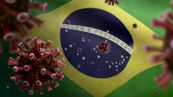 Коронавирус Гриппа Плавающий Над Бразильским Флагом Патоген Поражающий Дыхательные Пути — стоковое видео