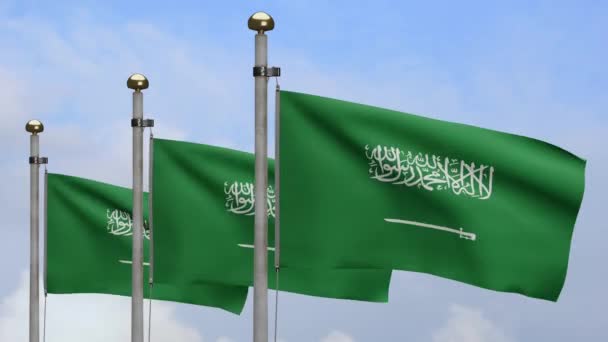 Království Saúdská Arábie Vlajka Vlnící Větru Modrou Oblohou Foukání Bannerů — Stock video