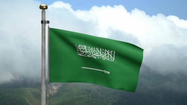 Bandera Del Reino Arabia Saudita Ondeando Con Viento Montaña Banner — Vídeo de stock