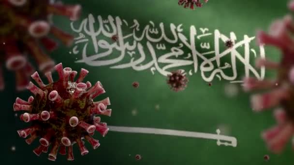 Chřipkový Koronavirus Vznášející Nad Vlajkou Saúdské Arábie Patogen Který Napadá — Stock video