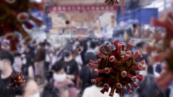 Concept Coronavirus Covid19 Tłum Azjatyckich Ludzi Pomocą Maski Ochronnej Zakupów — Wideo stockowe