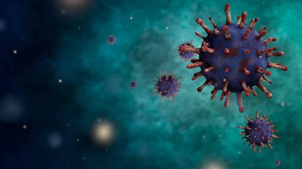 3D illustration flu coronavirus floating in fluid microscopic view, a pathogen that attacks the respiratory tract. Pandemic of Covid19 virus infection concept.