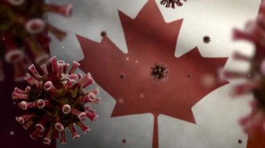 Kanada bayrağı üzerinde 3 boyutlu grip koronavirüsü, patojen solunum yollarına saldırıyor. Kanada pankartı Covid19 virüs enfeksiyonu konseptiyle sallanıyor. Gerçek kumaş dokusuna yakın çekim Teğmen Dan