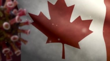 3 boyutlu Kanada bayrağı Coronavirüs salgını ile sallanıyor ve solunum sistemini tehlikeli grip olarak etkiliyor. Enfluenza Covid 19 virüsü ulusal Kanada pankartı arka planda uçuşuyor.