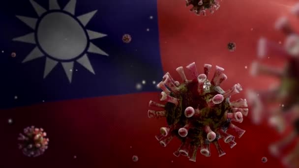 Illustration Flu Coronavirus Floating Taiwanese Flag Pathogen Attacks Respiratory Tract — Stock Video