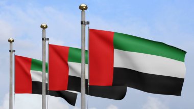 Üç boyutlu Birleşik Arap Emirlikleri bayrağı rüzgarda dalgalanıyor. BAE afişi, yumuşak ve pürüzsüz ipek. Kumaş kumaş dokusu, Asteğmen. Ulusal gün ve ülke etkinlikleri konsepti için kullan..
