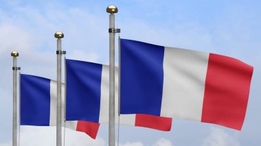 Rüzgarda dalgalanan üç boyutlu Fransız bayrağı. Fransa afişini yakın çekin, yumuşak ve pürüzsüz ipek. Kumaş kumaş dokusu, Asteğmen. Ulusal gün ve ülke etkinlikleri konsepti için kullan..