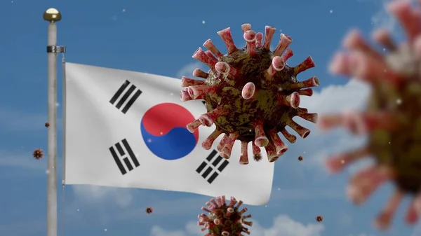 3D illustration Korean flag waving and Coronavirus 2019 nCov concept. Asian outbreak in South Korea, coronaviruses influenza as dangerous flu strain cases as a pandemic. Microscope virus Covid 19