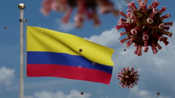 Ilustracja Wirus Grypy Pływający Nad Kolumbijską Flagą Patogen Atakuje Drogi — Wideo stockowe