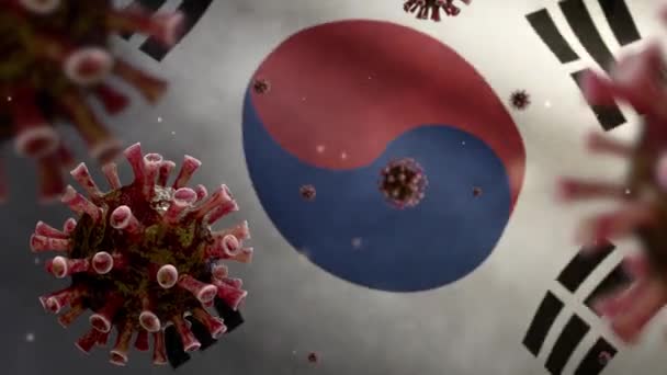 Ilustración Flu Coronavirus Flotando Sobre Bandera Corea Patógeno Ataca Tracto — Vídeos de Stock