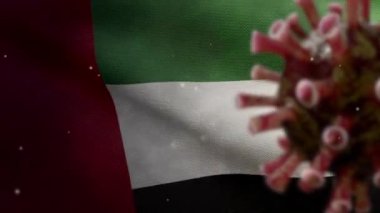 3 boyutlu Birleşik Arap Emirlikleri bayrağı Coronavirüs salgını ile sallanıyor ve solunum sistemini tehlikeli grip olarak etkiliyor. Ulusal BAE bayrağı arka planda uçuşan Covid 19 tipi bir virüs.