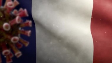 Coronavirus salgını ile sallanan 3 boyutlu Fransız bayrağı solunum sistemini tehlikeli grip olarak etkiliyor. Covid 19 tipi grip. Arka planda ulusal Fransa pankartı var. Salgın-Dan