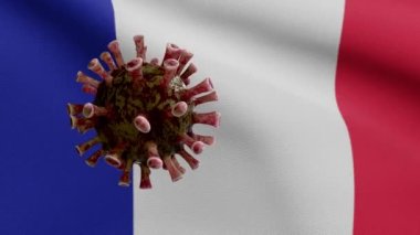Fransız bayrağı üzerinde süzülen 3 boyutlu grip Coronavirüsü, solunum yoluna saldıran bir patojen. Fransa bayrağı Covid19 virüsü salgını ile sallanıyor. Gerçek kumaş dokusu Asteğmen Dan