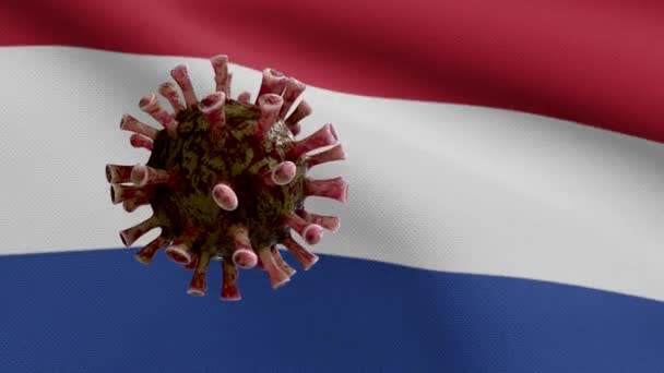 Ілюстрація Flu Coronavirus Плаває Над Нідерландським Прапором Вражає Дихальні Шляхи — стокове відео