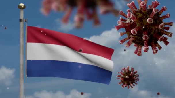 3Dイラストオランダの旗手とコロナウイルス2019 Nconvコンセプト オランダでのアジアの流行は インフルエンザをパンデミックとして危険なインフルエンザ菌株の例として使用しています 顕微鏡ウイルス Covid19 Dan — ストック動画