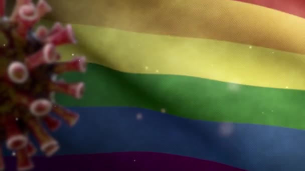 Ilustración Orgullo Bandera Gay Ondeando Con Brote Coronavirus Infectando Sistema — Vídeos de Stock