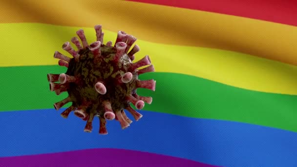Illustration Grippe Coronavirus Schwebt Über Stolz Homosexuell Flagge Erreger Greift — Stockvideo