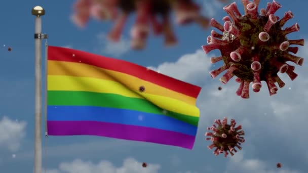 Ilustração Bandeira Gay Orgulho Acenando Com Surto Coronavirus Infectando Sistema — Vídeo de Stock