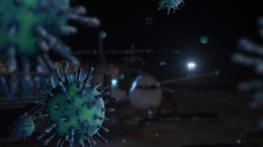 Üç boyutlu illüstrasyon. Gece uluslararası havaalanına park edilen uçakta grip koronavirüsü. Uçak Boeing kalkış terminali kapısı. Covid 19 salgınında konsept seyahat iptal edildi ya da ertelendi