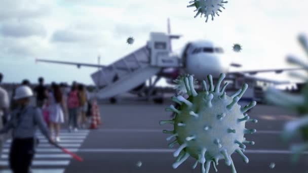 Boyutlu Illüstrasyon Coronavirus Havada Süzülürken Yolcular Uluslararası Havaalanında Uçağa Biniyorlar — Stok video