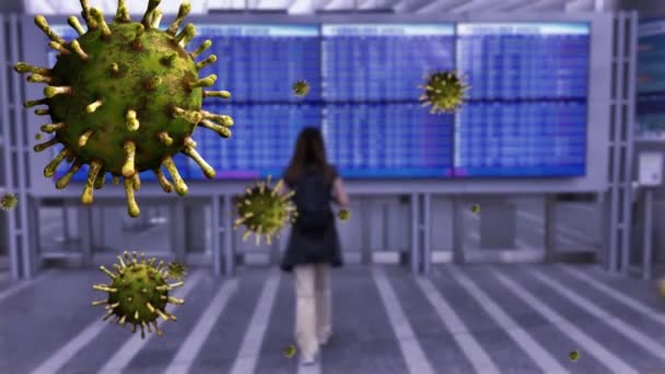 Ilustração Coronavírus Flutuando Enquanto Mulher Olhando Placa Aeroporto Com Aviões — Vídeo de Stock