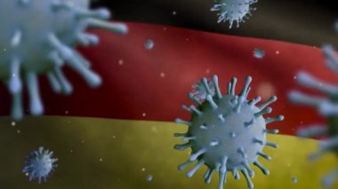 Coronavirus salgını ile sallanan Alman bayrağı solunum sistemini tehlikeli bir grip gibi etkiliyor. Covid 19 virüsü ve arka planda ulusal Almanya pankartı. Salgın-Dan