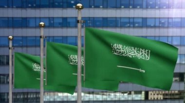 Modern bir şehirde Suudi Arabistan bayrağının dalgalandığı üç boyutlu bir illüstrasyon. KSA bayrağı dalgalanan, yumuşak ve pürüzsüz ipek bir kule. Kumaş kumaş dokusu. -Dan.