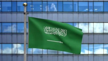 Modern bir şehirde Suudi Arabistan bayrağının dalgalandığı üç boyutlu bir illüstrasyon. KSA bayrağı dalgalanan, yumuşak ve pürüzsüz ipek bir kule. Kumaş kumaş dokusu. -Dan.