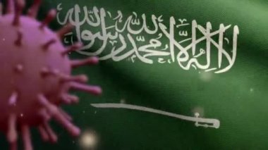 Suudi Arabistan bayrağı üzerinde dalgalanan 3D grip koronavirüsü, patojen solunum yollarına saldırıyor. KSA pankartı Covid19 virüs enfeksiyonu konseptiyle sallanıyor. Kumaş dokusu Asteğmen Dan
